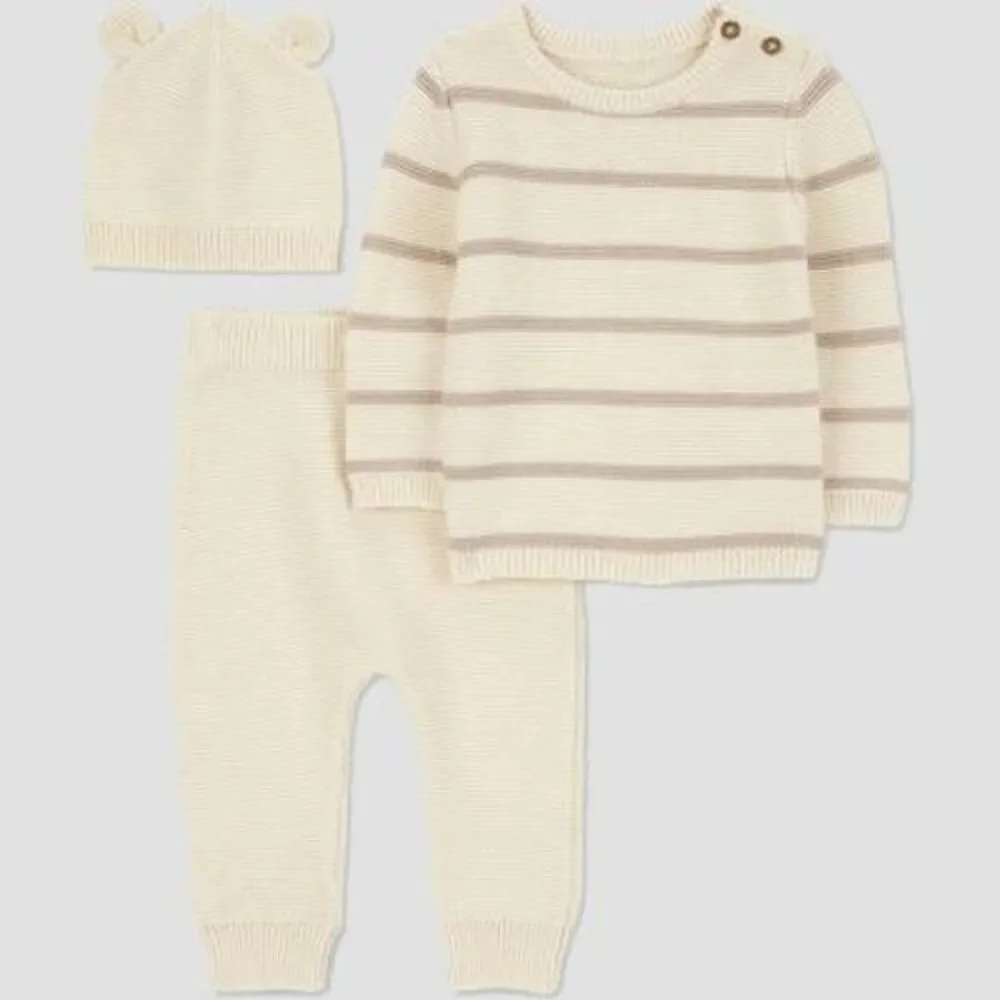 Carter's Baby 3pc Striped Bear Sweater Set - Newborn Cream boys